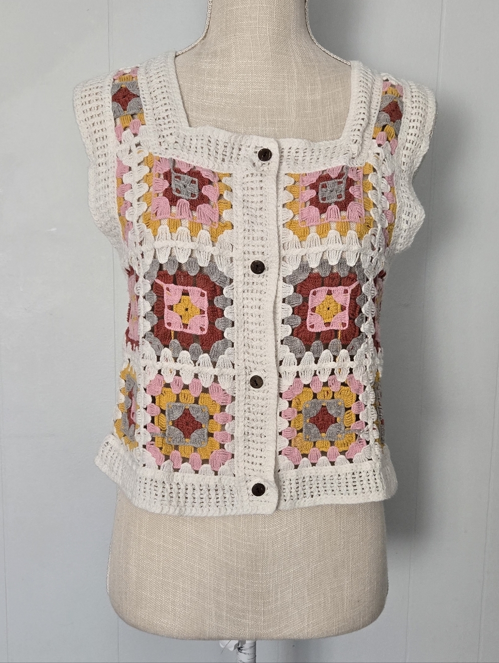 Crocheted Button-Front Tank Top in Cream with Pink & Mustard Accents